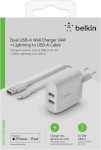 Belkin laadija Dual USB-A Charger, 24W + Lightning Cable 1m, valge